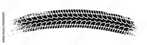 Black grunge tire track texture in curved motion, stylized in graphic grunge style on a white background. Concept of motion, speed, and off-road adventure. Vector illustration