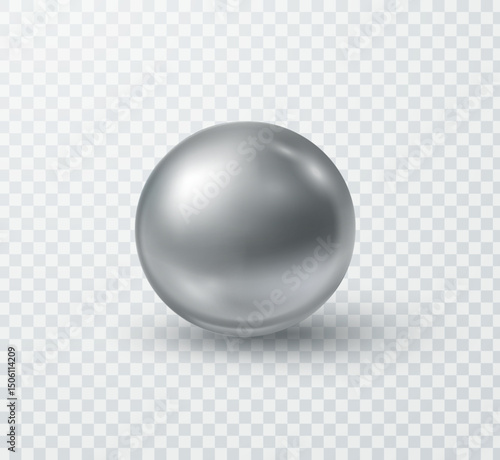 Chrome metal ball isolated on transparent background. Vector 3d silver bead, steel sphere, metallic bearing or glossy grey bubble with shadow