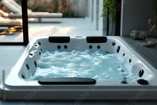 Modern Indoor Hot Tub with Bubbling Water and Relaxing Sun Loungers in the Background