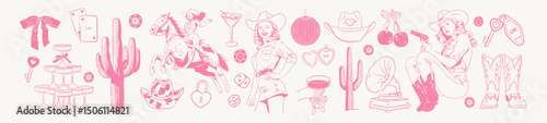 Cowgirl Disco Pink Collection. Cowboy hat, boots, horse, cactus, dice, disco ball, casino party illustration. Girly doodle set with western and Vegas party elements. Hand drawn drawing for bachelorett