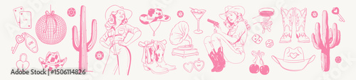 Cowgirl disco pink collection. Hand drawn doodle set with western and Vegas party elements. Cowboy hat, boots, cherry, cactus, dice, disco ball, casino party illustration for bachelorette parties.