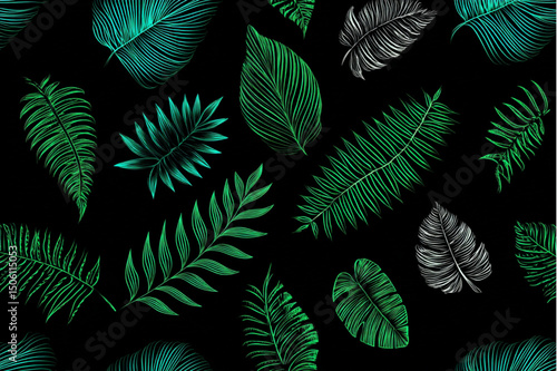 A seamless pattern of green and white tropical leaves on a black background, detailed and stylized