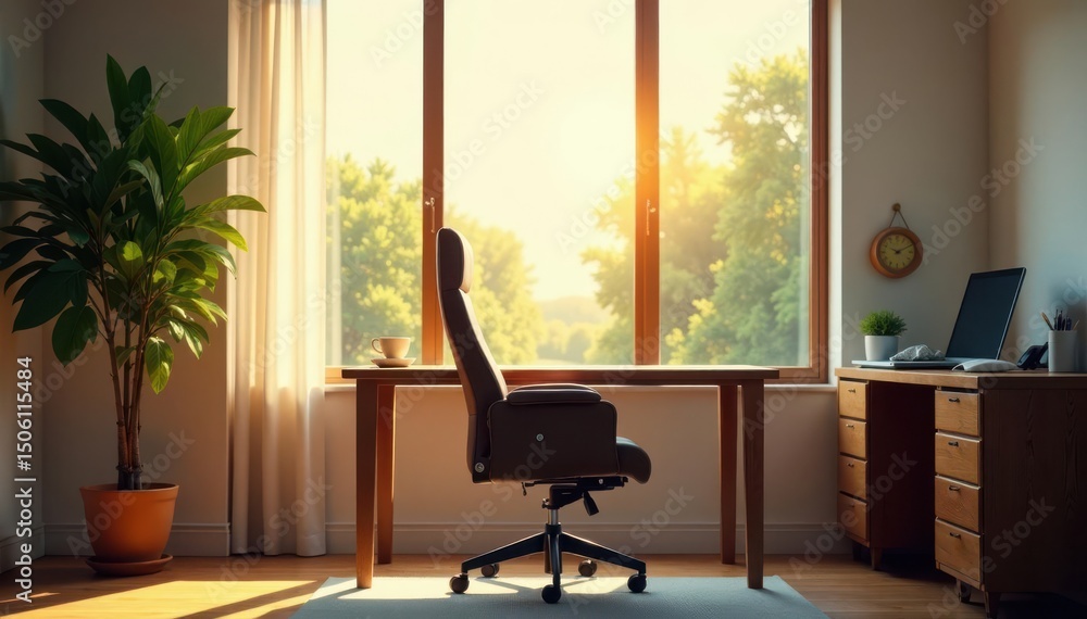 Fototapeta premium Empty chair at desk facing window, sunlit room , sun, interior