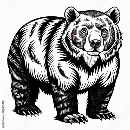 Sketch bear grizzly black and white illustration. Bear drawn sketch in doodle style on a white background. Illustrated in vintage hand-drawn style.