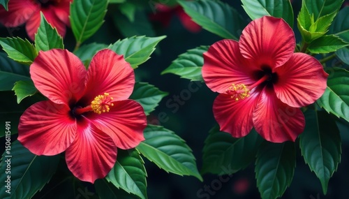 Bold hibiscus blooms, lush tropical leaves, vibrant color palette, surface, jungle