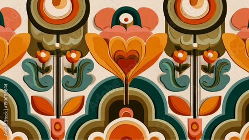 A colorful floral pattern with a retro style and layered paper cut out design with orange and green hues