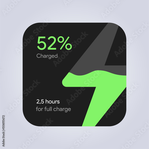 Charging status widget UI. Battery level shown in percentages and estimated time left. Minimal lightning app interface design for mobile device. Tech energy tracking template. Vector illustration.