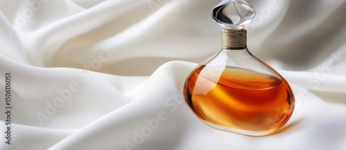 A perfume bottle is set against a fabric backdrop, lit by natural light, and complemented by a subtle, out-of-focus background, making it suitable for promotional materials like ads, catalogs, or