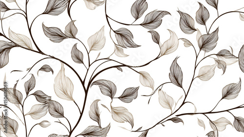 Detailed line art of leaves and branches on a white background creating a seamless pattern design