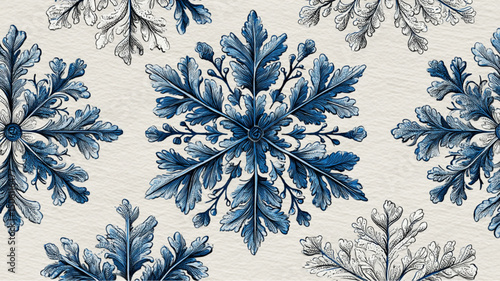 A floral pattern with blue and white flowers arranged in a symmetrical snowflake like design style art