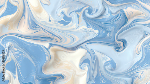 Abstract art featuring swirling patterns of light blue white and beige creating a fluid marble effect