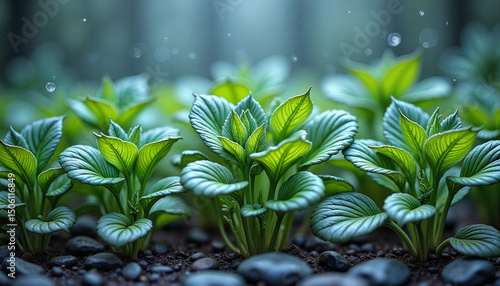 Fresh green plants growing in soil among wet stones, perfect for gardening, nature or organic growth concepts
