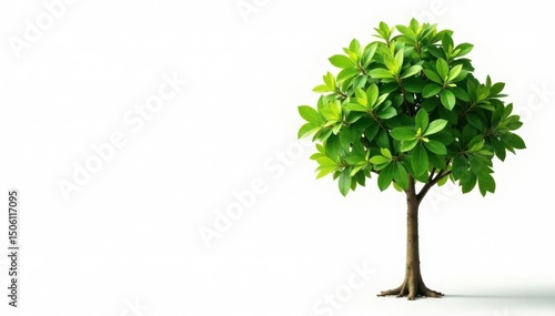 Young tree isolated on bright white, showing detail of leaves & stem, stem, environment