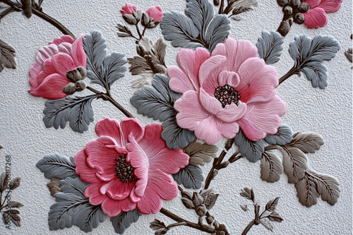 Close up of embossed pink flowers and gray leaves on a textured white background with brown branches