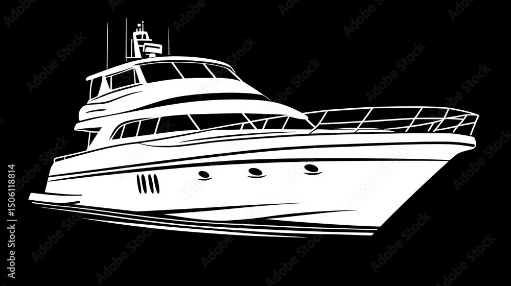 Obraz premium An illustration of a luxury yacht is shown in a black and white sketch, highlighting graphic design, nautical elements, and the motion of a boat on the water