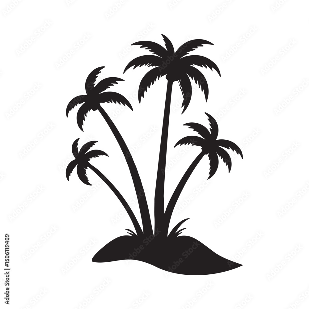Fototapeta premium Silhouette of Palm Trees on a Tropical Island A Black and White Illustration