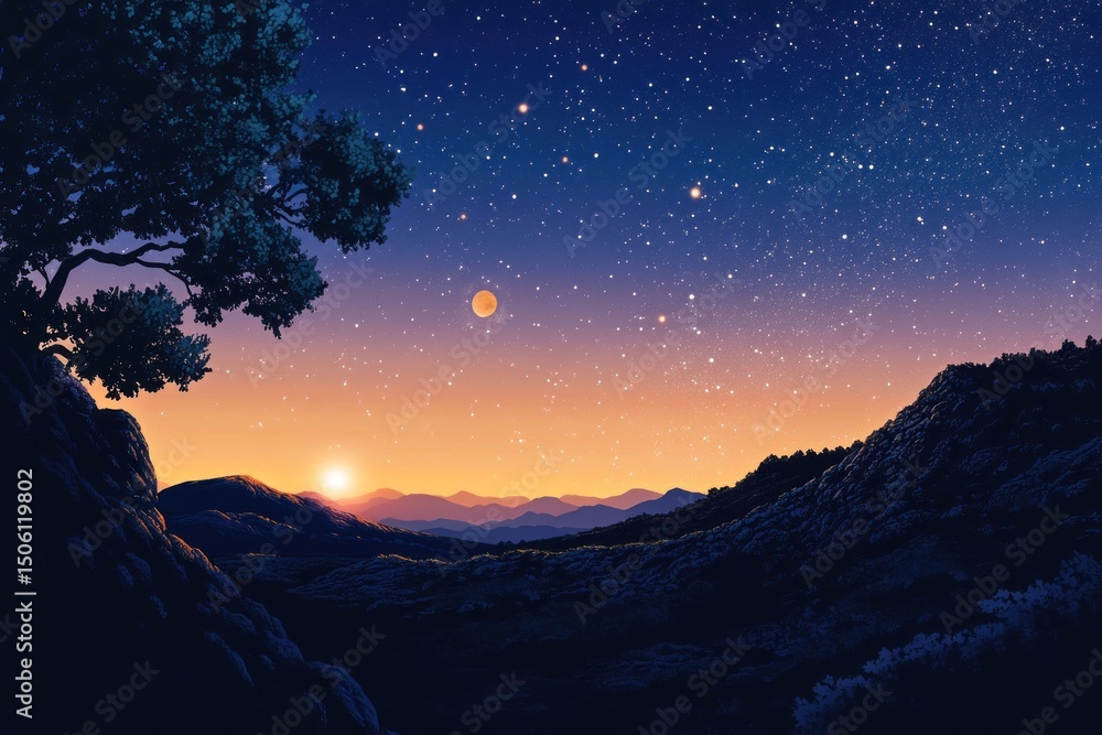 Naklejka premium Mountain sunrise, starry night