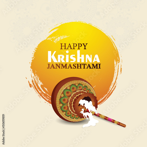 Happy Janmashtami Festival Greeting Card with dahi handi