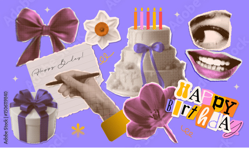 Birthday celebration halftone collage collection. Set of torn out hands writing greetings, cake with candles, gift box and flowers. Piece of paper with the inscription. vector