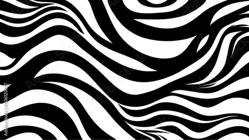 Abstract black and white wavy pattern creating a zebra like effect with curving lines and shapes design