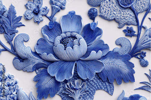 Close up of blue and white porcelain flowers and leaves with intricate details and textures design art