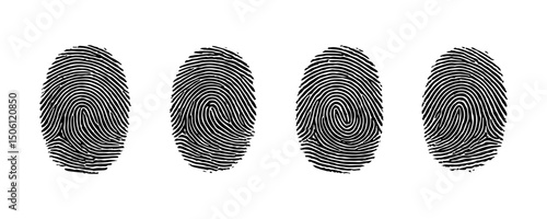 Set of Four Unique Black Fingerprints on White Background