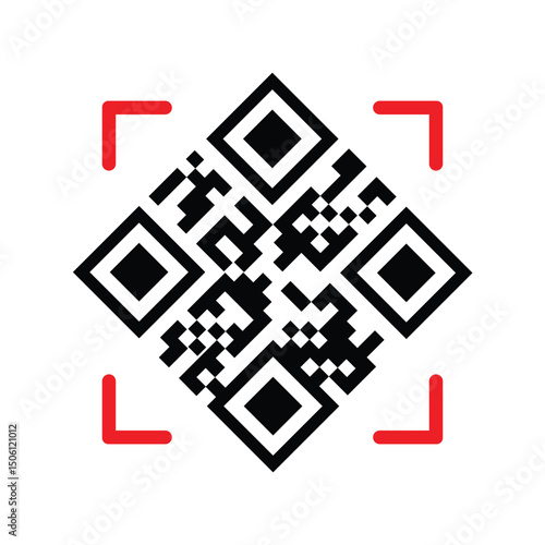 Minimalist black and white QR code centered in a bold red square border, isolated on a clean white background. Technical, functional design with sharp geometric pixels, direct front view.