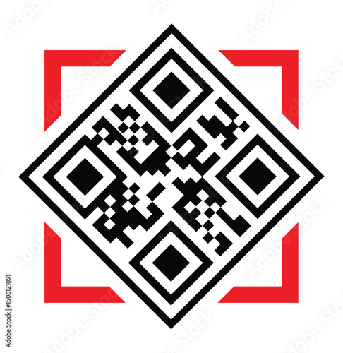 Minimalist black and white QR code centered in a bold red square border, isolated on a clean white background. Technical, functional design with sharp geometric pixels, direct front view.