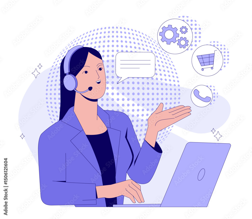 Female customer support representative with headset working on laptop, surrounded by communication and service icons, on abstract background. Vector illustration Female customer support representative with headset working on laptop, surrounded by communication and service icons, on abstract background. Vector illustration