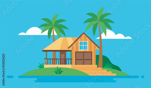 tropical island and beach house color vector illustration 