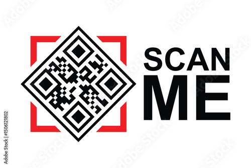 Centered black and white QR code with bold red framing squares. "SCAN ME" in modern sans-serif font below on clean white background. High-contrast, minimalist design for easy scanning functionality.