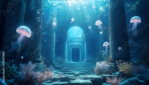 A surreal underwater scene featuring an ancient city and translucent jellyfish emitting a soft pastel glow
