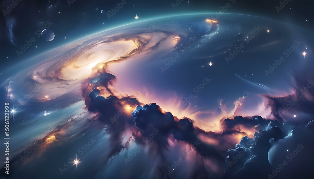 Naklejka premium A chaotic cosmic nebula bursting with swirling clouds of vibrant gases in pinks, blues, and golds, dotted with sparkling stars and distant planets partially obscured by cosmic dust