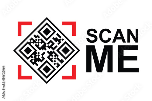 Centered black and white QR code with bold red framing squares. "SCAN ME" in modern sans-serif font below on clean white background. High-contrast, minimalist design for easy scanning functionality.