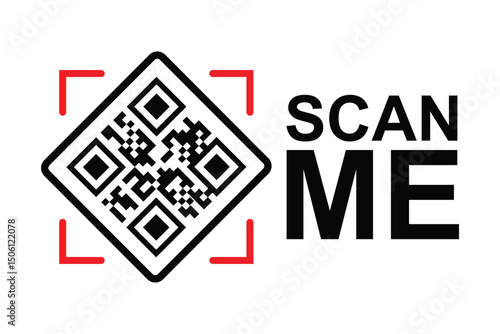 Centered black and white QR code with bold red framing squares. "SCAN ME" in modern sans-serif font below on clean white background. High-contrast, minimalist design for easy scanning functionality.