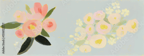 Painting, flowers isolated, vintage bohemian boho floral feminine gouache acrylic art vector illustration femininity peace calm quaint, clipart, pink and white, light blue background