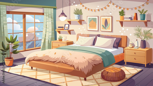 A cozy bedroom features a soft bed adorned with fluffy pillows, creating a tranquil space for rest. Natural light, neutral colors, and simple decor enhance the peaceful ambiance.