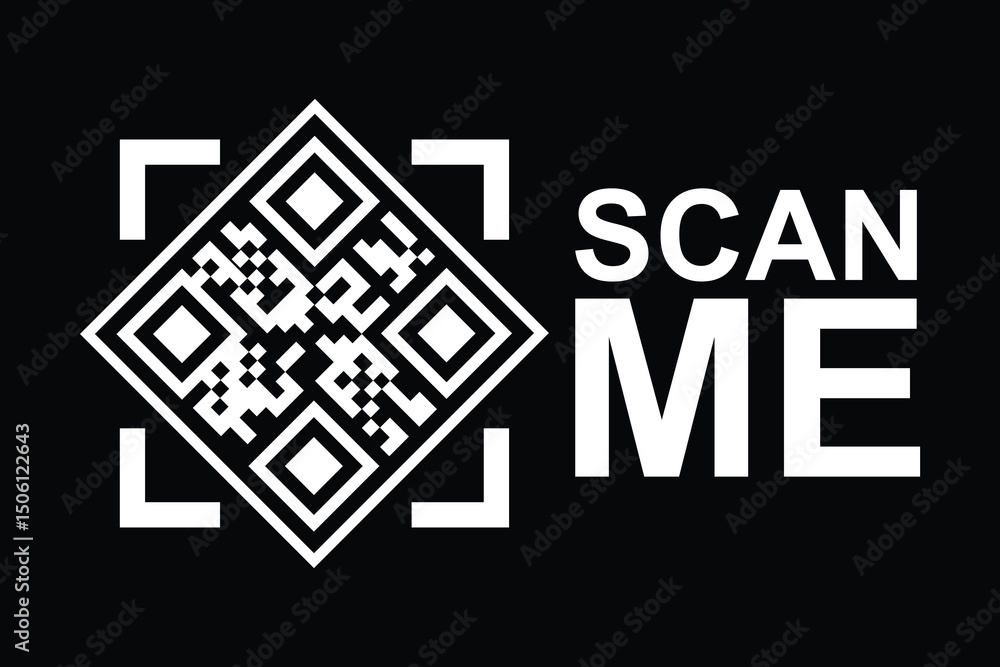 Obraz premium Centered black-and-white QR code with four angled white square frames, 'SCAN ME' text below. Clean, modern, minimalist design in high-contrast monochrome. Ideal for tech, marketing