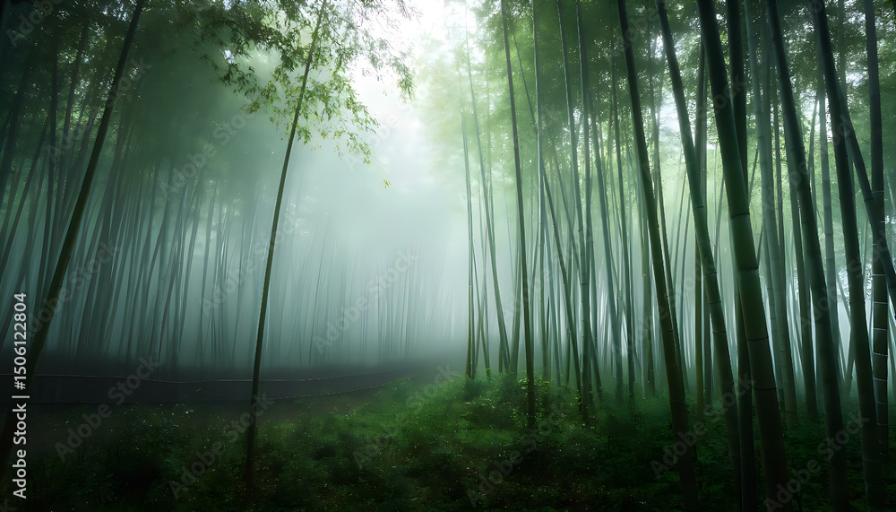 Naklejka premium A serene, mist-shrouded bamboo forest with dappled sunlight filtering through the canopy