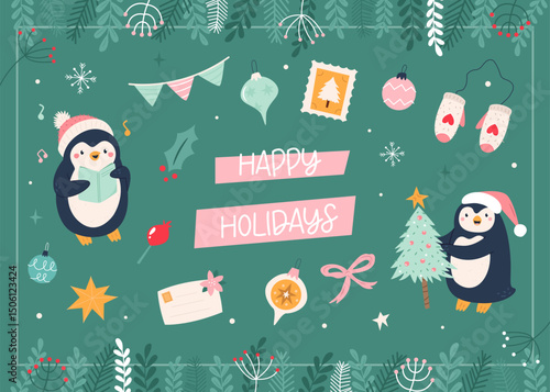 Cute Penguin Christmas Card. Happy Holidays Illustration with Winter Decorations. Seasonal Greeting Card