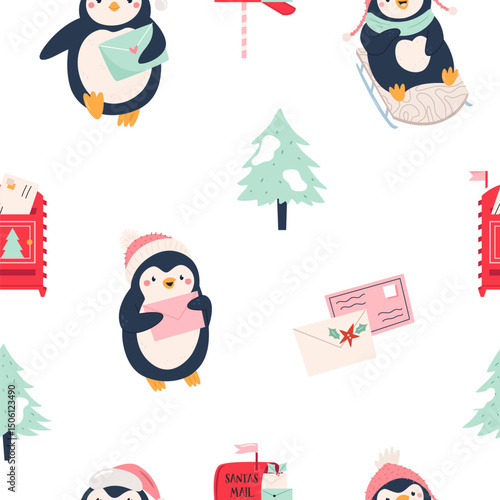 Cute Christmas Penguin Seamless Pattern with Letters, Mails to Santa