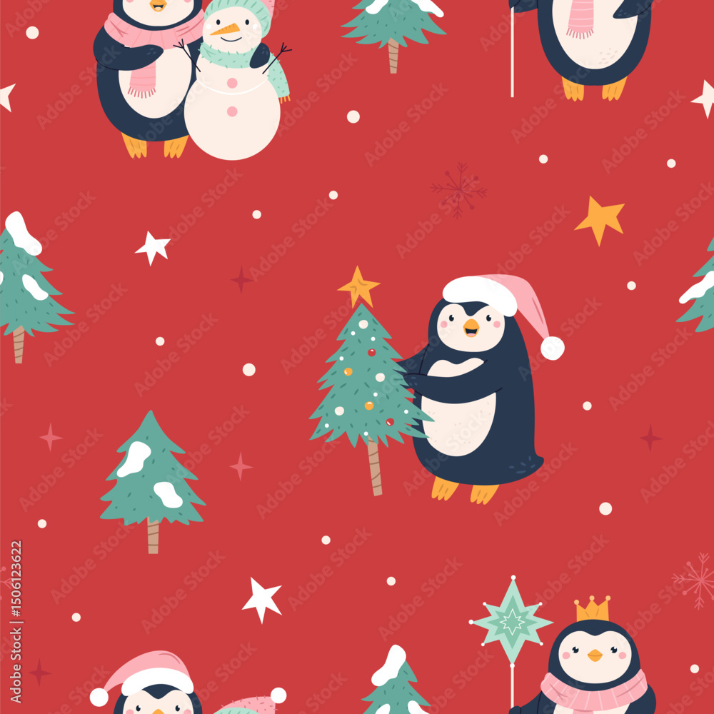 Naklejka premium Cute Christmas Pattern with Penguins, Christmas Trees and Snowman
