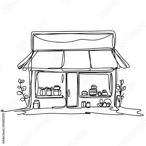 Minimalist line art of a quaint shopfront with various jars displayed in the window and plants on either side, simple design concept of food market or cafe