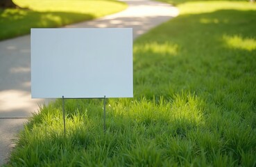 Blank yard sign on green grass sunny day. White empty sign for marketing message. Blank yard sign mockup near park walking path. Advertisement, promotion outdoor.