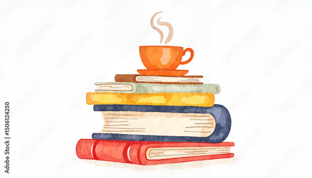 Naklejka premium Stack of colorful books with steaming coffee cup on top, for reading-themed content