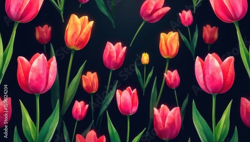 Wallpaper Mural Bold, stylized tulip motif repeating across a dark background, background, tulips, modern Torontodigital.ca