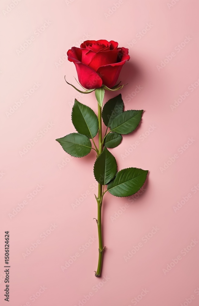 Obraz premium Top view of a single red rose with green leaves. Beautiful flower with long stem, petals on pink background. Ideal for romantic designs, Valentine Day, wedding, love concept.