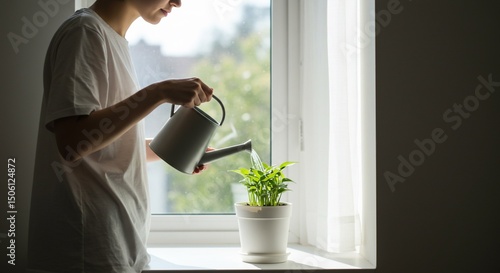 Person Watering Plant by Window