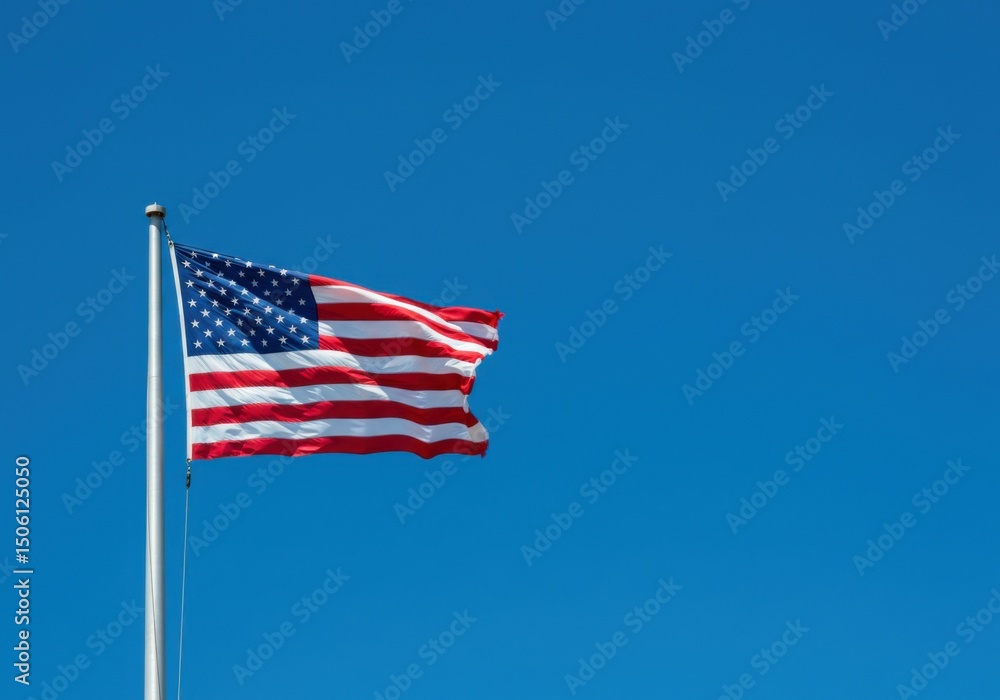 Fototapeta premium Stars and stripes of the USA flag set against a sunny blue sky