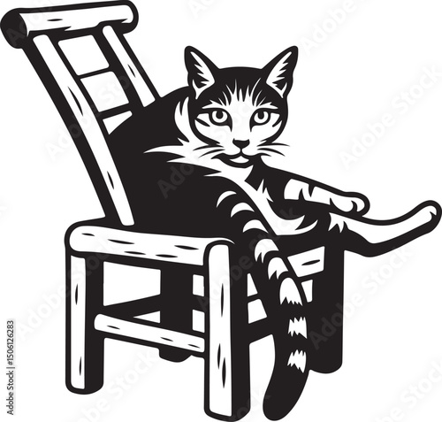 Cat relaxing in wooden chair illustration, Resting cat black and white simple art